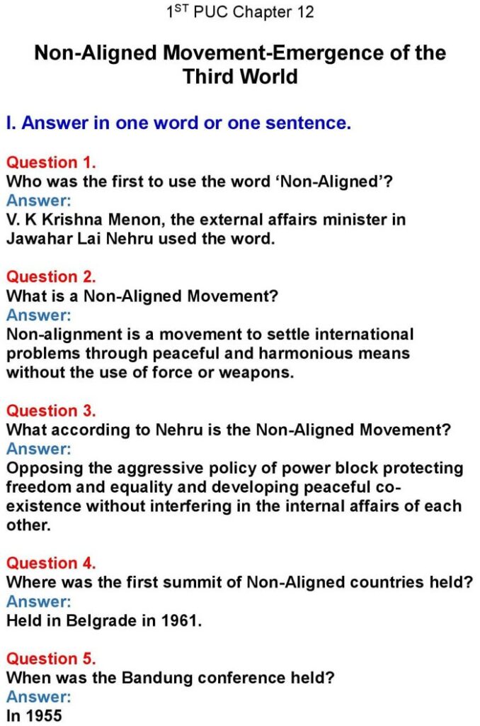 1st PUC History Chapter 12: Non-Aligned Movement-Emergence of the Third world