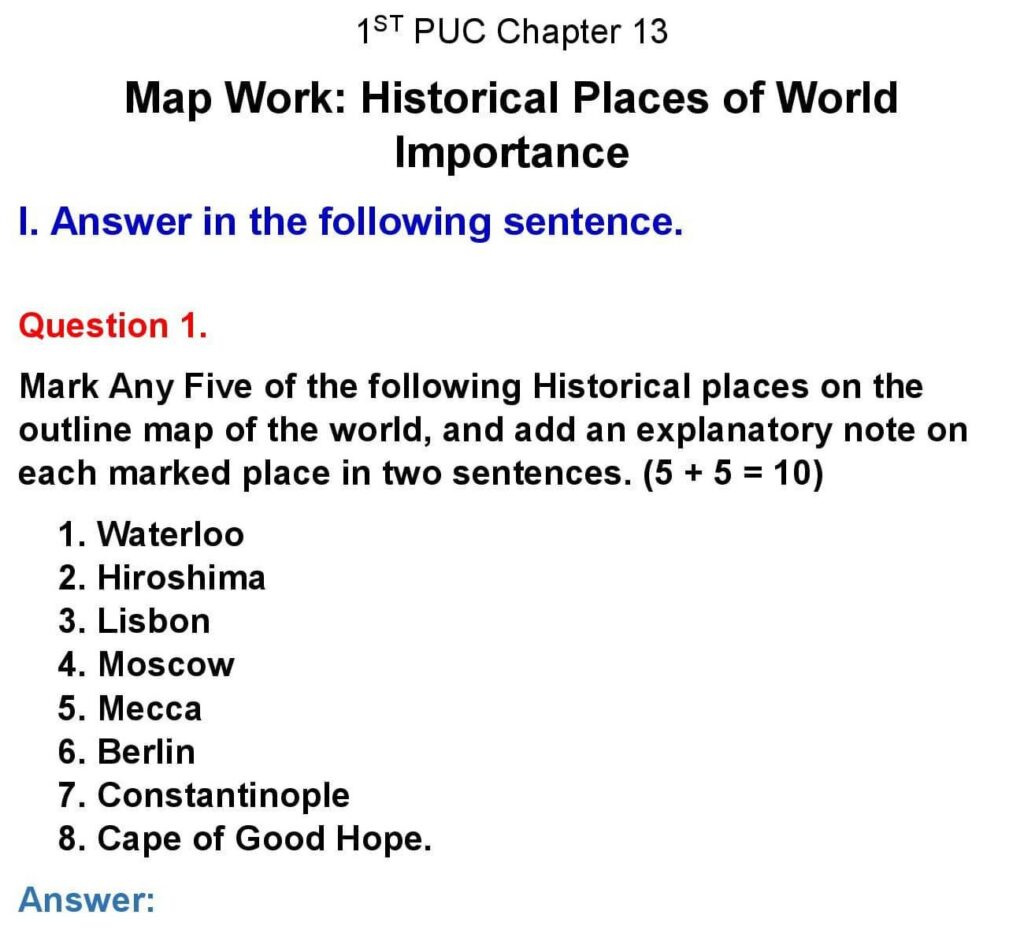 1st PUC History Chapter 13: Map Work: Historical Places of World Importance