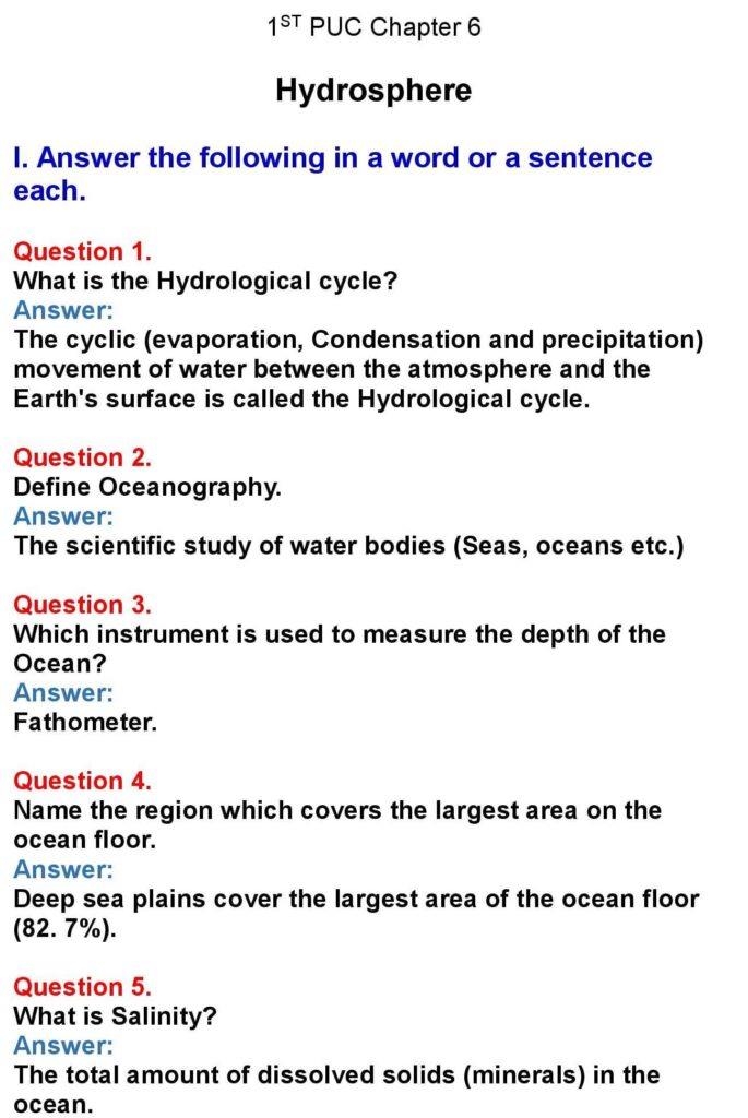 1st PUC Geography Chapter 6: Hydrosphere