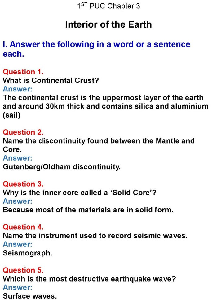 1st PUC Geography, 1st Chapter 3: Interior of the Earth,