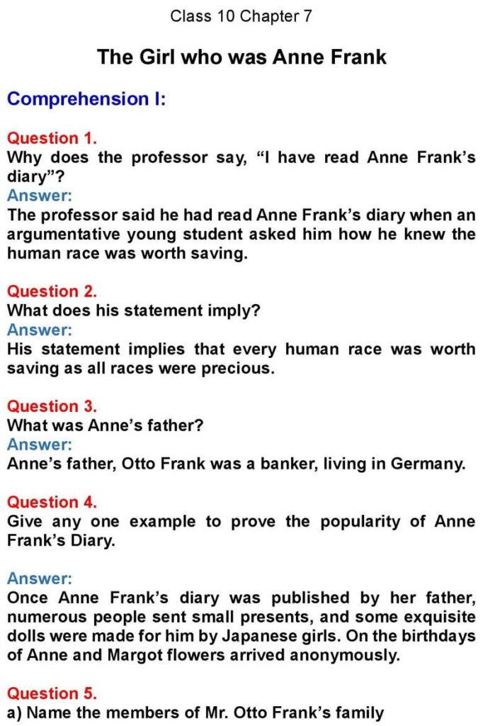 Class 10 Chapter 7: The Girl Who Was Anne Frank