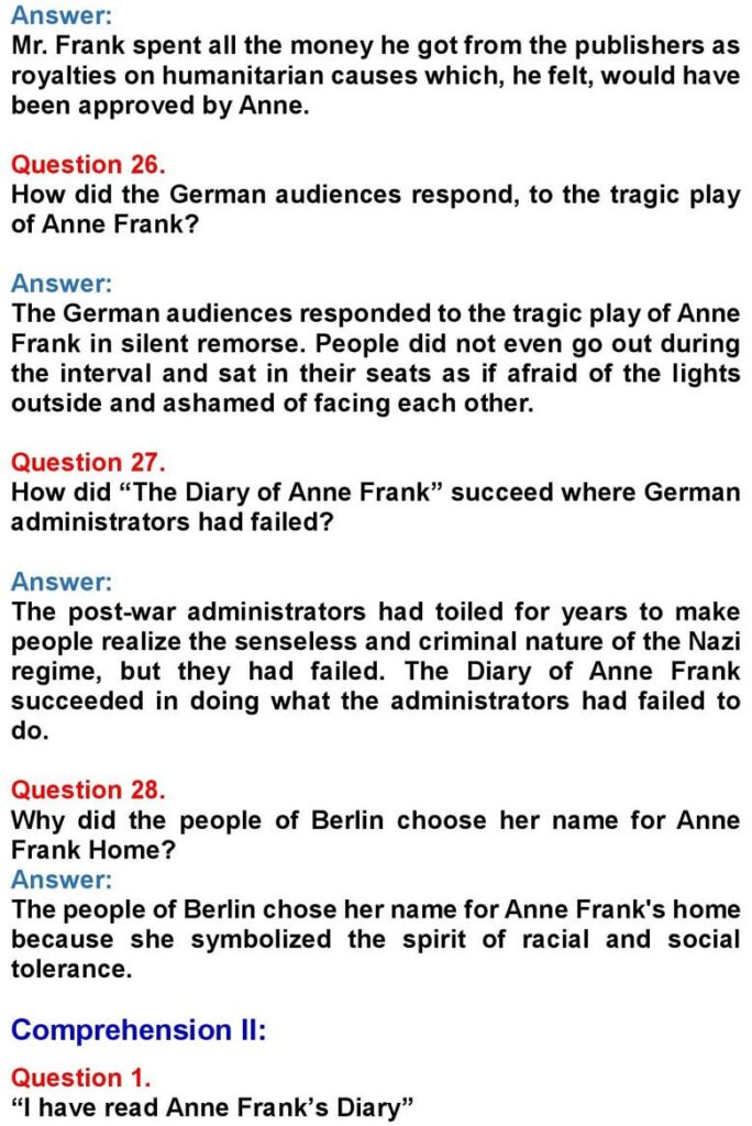 Class 10 English Chapter 7: The Girl Who Was Anne Frank