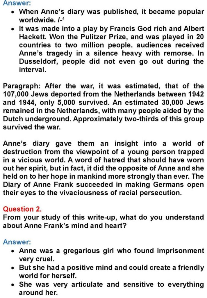 Class 10 English Chapter 7: The Girl Who Was Anne Frank