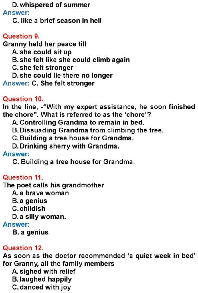 Class 10 English Chapter 1: Grandma Climbs a Tree