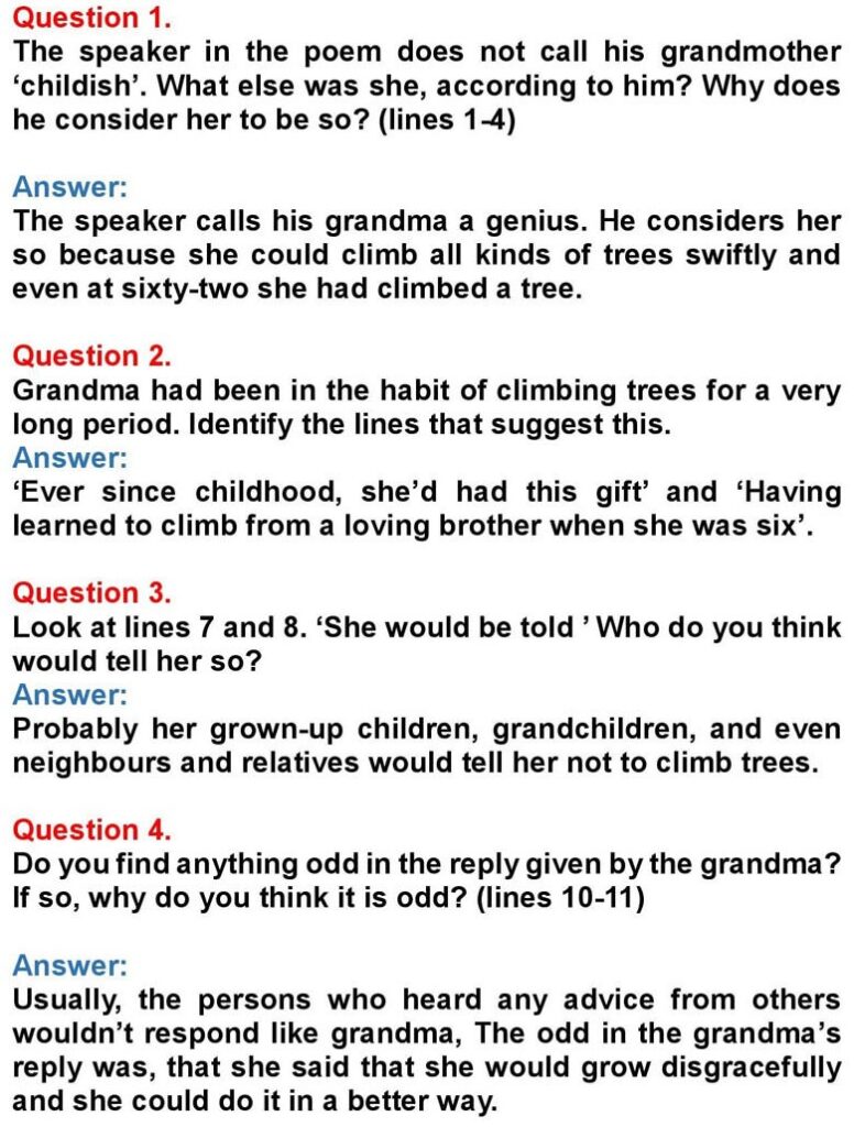 Class 10 English Chapter 1: Grandma Climbs a Tree