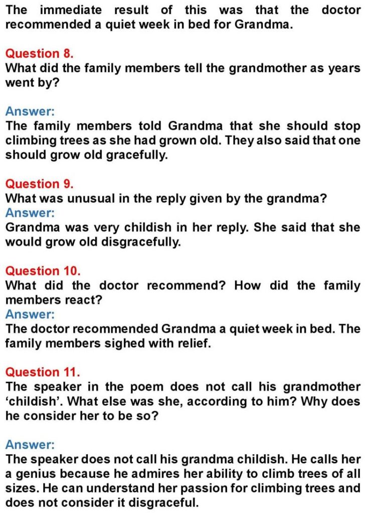 Class 10 English Chapter 1: Grandma Climbs a Tree