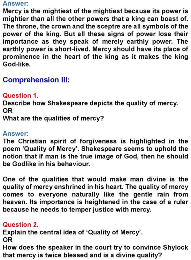 Class 10 English Chapter 2: Quality of Mercy