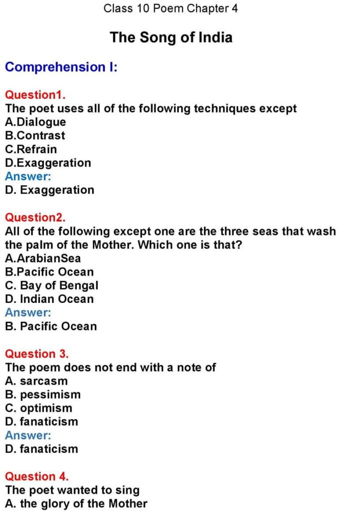 Class 10 English Chapter 4: The Song of India